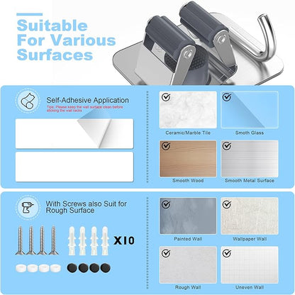 2 Pack Broom Holder Wall Mount, 304 Stainless Steel Mop Organizer with Hooks, No Drill Adhesive and Screw Installation, Rust Proof Storage Rack for Garage, Laundry, Garden, Silver