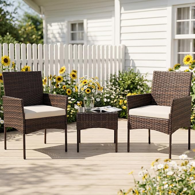 NEWBULIG 3-Piece Patio Furniture Set, Weather-Resistant Outdoor Wicker Furniture with Washable Cushion & Tempered Glass Tabletop, Durable Outdoor Seating for Balcony, Porch, Deck Brown