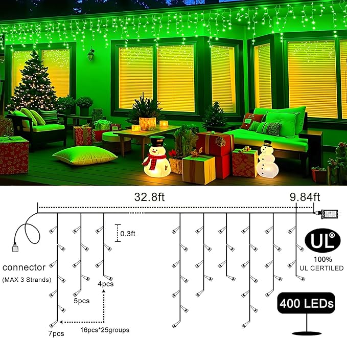 400 LED Icicle Christmas Lights Outdoor - 33FT Icicle Lights for Outside 8 Modes with 75 Drops, Plug in Waterproof Connectable Fairy String Lights for Indoor Holiday Party Christmas Decoration,Green