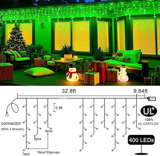400 LED Icicle Christmas Lights Outdoor - 33FT Icicle Lights for Outside 8 Modes with 75 Drops, Plug in Waterproof Connectable Fairy String Lights for Indoor Holiday Party Christmas Decoration,Green