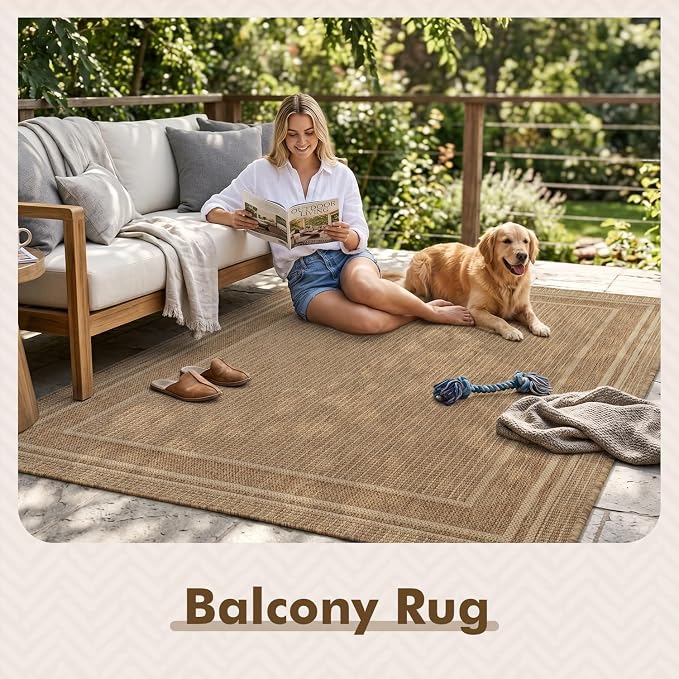 MontVoo-Outdoor Rug-Patio Rug 8x10 ft Polypropylene Indoor Outdoor Rugs Outdoor Carpet for Patio Deck Balcony Porch, Textured Weave, Durable for High Traffic, Fade-Resistant, Modern Neutral Brown