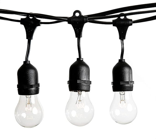 Hometown Evolution, Inc. 50 Foot E26 Outdoor Commercial String Lights with Suspended Socket for Weatherproof Heavy Duty Vintage Outside Lighting - Set of 25 A15 Clear Bulbs