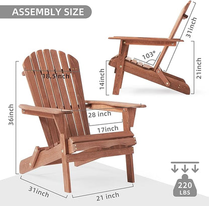 SoliWood Outdoor Wooden Folding Adirondack Chair Set of 2 with Pre-Assembled BackRest, Wood Patio Chair for Garden Backyard Porch Pool Deck Firepit