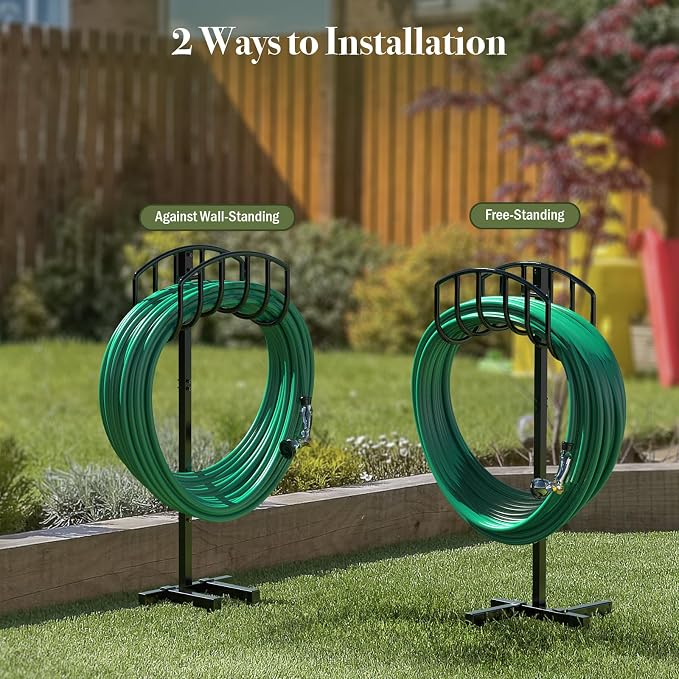 Winpull Garden Hose Holder Detachable Heavy Duty Metal Water Hose Hanger, Freestanding Hose Storage Stand Rack for Outside (Black)