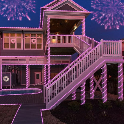 YEGUO Solar Christmas Lights Outdoor Waterproof, 2 Packs Each 33ft 100 LED Rope Lights, 8 Modes Fairy String Lights in Clear Thin Tube for Camping Fence Patio Garden Trampoline Deck(Pink)