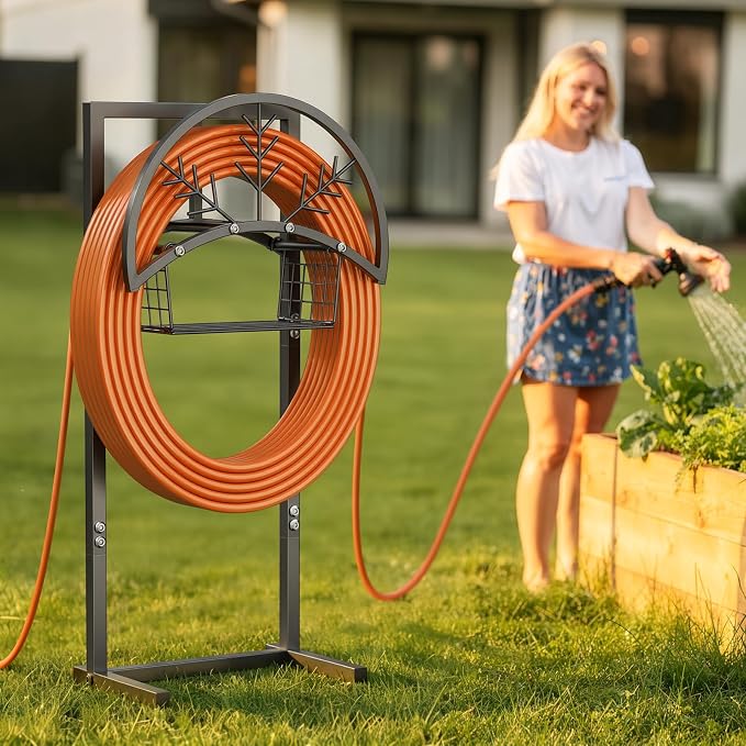 Heavy Duty Garden Hose Holder with Storage Basket, Holds Up to 160FT Hose, Freestanding Metal Water Hose Organizer with 4 Anchor Spikes, for Outdoor Yard Lawn Patio