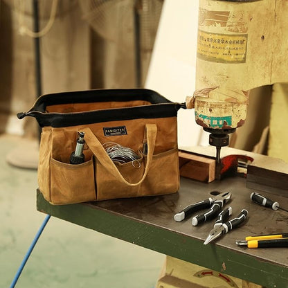 Tool Tote, 13-inch Heavy Duty Waxed Canvas Wide Mouth Tool Bag, Open Top tool Pouch with Handle for Tools, Wrenches, Screwdrivers (13 X 7 X 9 inch) | Khaki