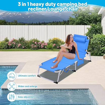 3-in-1 Oversized Sun Tanning Chair with Mat & Face Hole, Heavy Duty Folding Chaise Lounge - 5-Position Adjustable Outdoor Chair for Beach, Pool, Patio, Lawn, Yard - Includes Pillow