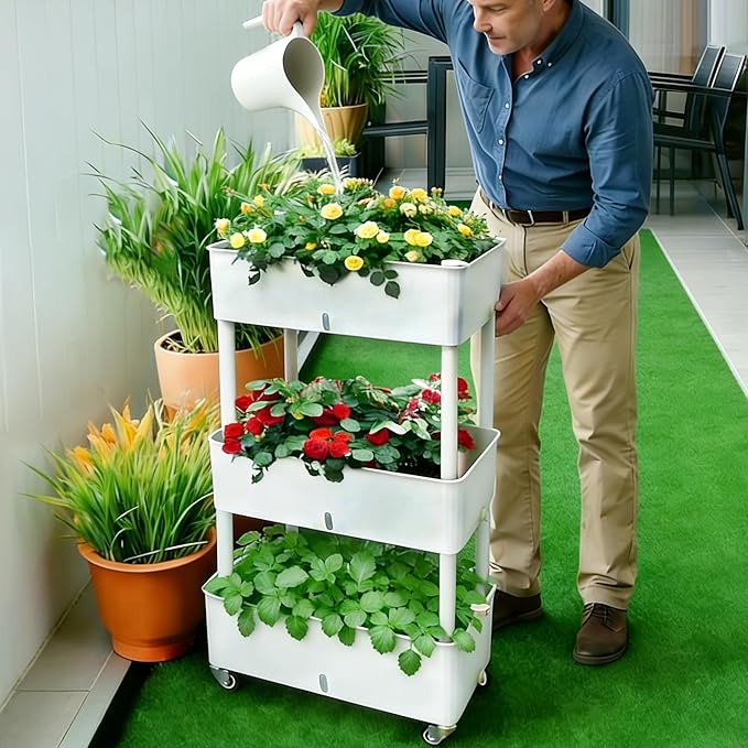 MNKXL Self-Watering Raised Planter Box with Lockable Wheels,3-Tier Elevated Garden Bed with Visible Water Level Window,Indoor Outdoor Plastic Plant Box for Flowers,Vegetables & Herbs