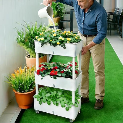 MNKXL Self-Watering Raised Planter Box with Lockable Wheels,3-Tier Elevated Garden Bed with Visible Water Level Window,Indoor Outdoor Plastic Plant Box for Flowers,Vegetables & Herbs