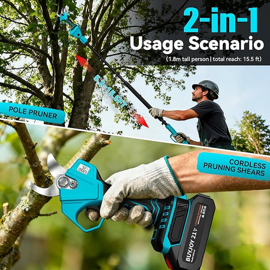 2-in-1 Pole Pruning Shears, 1.4" Cutting Diameter Cordless Electric Pole Pruners - Brushless Motor, 2x4.0Ah Batteries, Extra SK5 Blade, 4 Modes Adjustable Branch Cutter for Garden & Flower (Yellow)