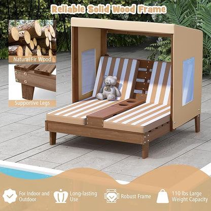 COSTWAY Kids Double Chaise Lounge Outdoor, 2-Seat Patio Lounge Chair with Cup Holders & Cushions, Kids Pool Lounger with Canopy, Wood Patio Furniture for Children Boys Girls 3 Years Old (Beige)
