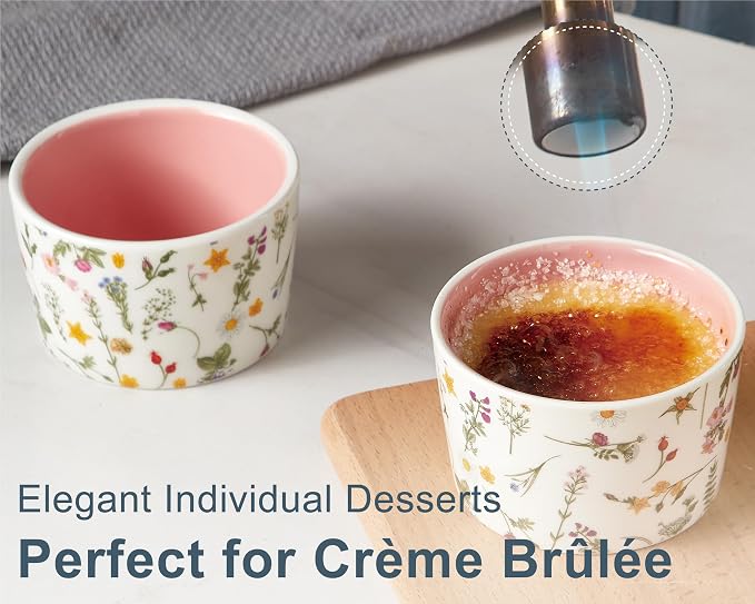 ONEMORE 6 oz Ramekins Oven Safe, Floral Ceramic Ramekin Set of 6 Pink Ramekins for Baking & Serving, Creme Brulee Dishes, Custard Pudding Souffle Cups, Small Dessert Bowls for Oven, Air Fryer