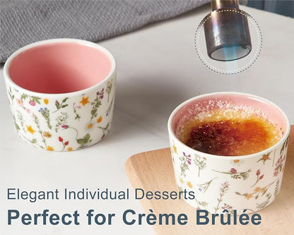 ONEMORE 6 oz Ramekins Oven Safe, Floral Ceramic Ramekin Set of 6 Pink Ramekins for Baking & Serving, Creme Brulee Dishes, Custard Pudding Souffle Cups, Small Dessert Bowls for Oven, Air Fryer