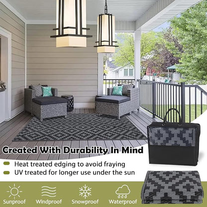 SAND MINE Waterproof Outdoor Rug, Plastic Reversible Rug, Modern Area Rug, Large Floor Mat for Outdoors, RV, Patio, Backyard, Deck, Picnic, Beach, Camping (3' x 5', Black Grey Lattice)