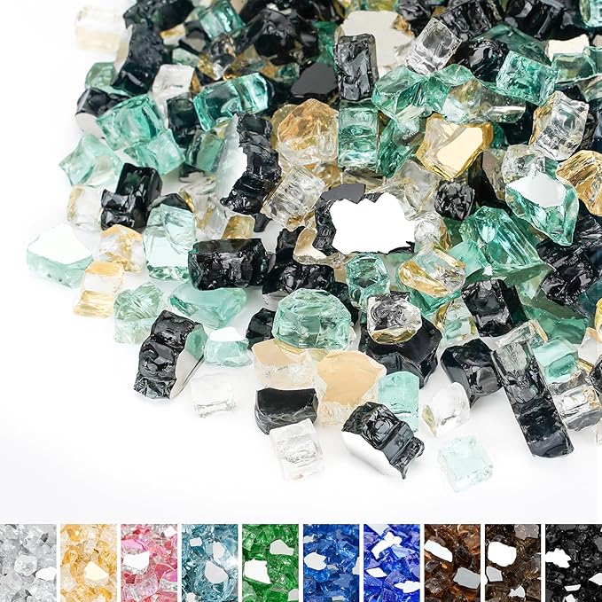 Mr. Fireglass 10 Pounds Blended Reflective Fire Glass, 1/2 Inch Fire Pit Glass for Propane Firepit Fireplace and Landscaping, Glass Rocks for Outdoor & Indoor Use, Light Green, Onyx Black, Platinum