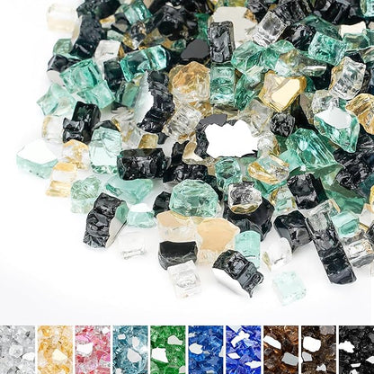 Mr. Fireglass 10 Pounds Blended Reflective Fire Glass, 1/2 Inch Fire Pit Glass for Propane Firepit Fireplace and Landscaping, Glass Rocks for Outdoor & Indoor Use, Light Green, Onyx Black, Platinum