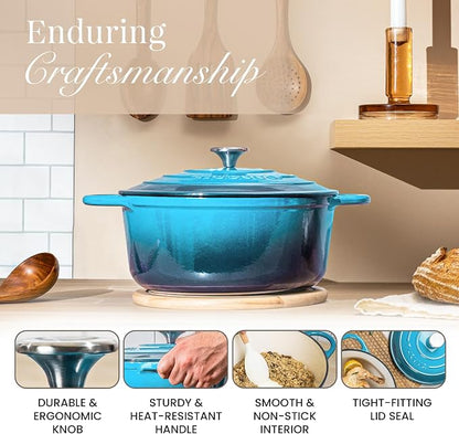 Cast Iron Pot with Lid - Non-Stick Ovenproof Enamelled Casserole Pot, Oven Safe up to 500° F-Sturdy Dutch Oven Cookware - Blue, 5-Quart, 24cm-by Nuovva
