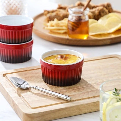 MALACASA Ramekins 4 oz Oven Safe, Small Ceramic Souffle Dishes for Creme Brulee Souffle, Stoneware Custard Cups Ramiken for Baking, Baking Bowls Dipping Sauce Dish Set of 6, Red, Series RAMEKIN-DISH