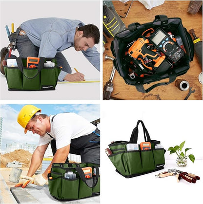 Housolution Gardening Tote Bag, Deluxe Garden Tool Storage Bag and Home Organizer with Pockets, Wear-resistant & Reusable, 14 Inch, Dark Green