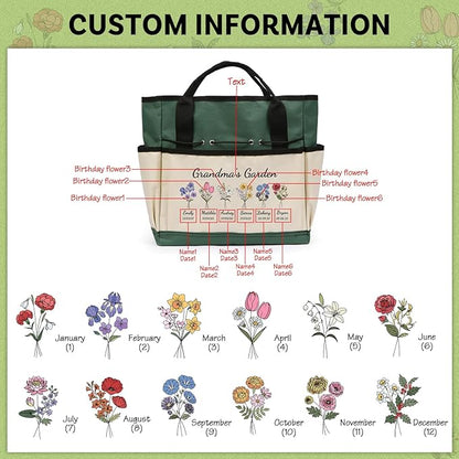 Personalized Garden Tools Set for Women: Custom Text Garden Tool Bag and Garden Shovel & Transplant Shovel & Hand Rake - Gardening Gifts for Mom Grandma Gardening Lover (6 Flowers)