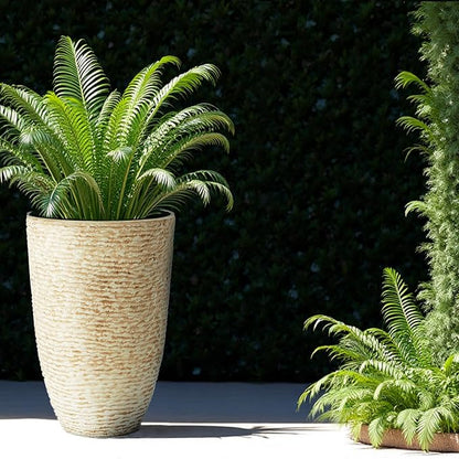Worth 9 Gallon Tall Round Planters Set of 2-14" Dia x 21" H Stone Finish Flower Pots Indoor Decorative Container Garden Patio Unbreakable Beige