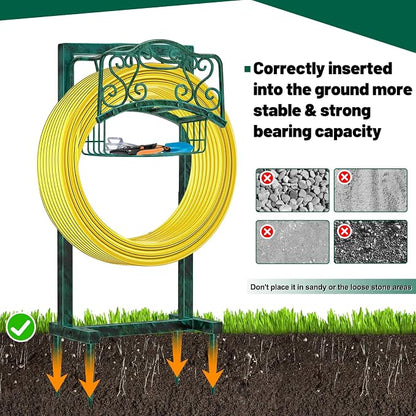 Garden Hose Holder for Outside - Upgraded Water Hose Holder Holds with Storage Basket, Heavy Duty Metal Freestanding Garden Hose Storage Reel Rack for Outdoor Yard Lawn (Green)