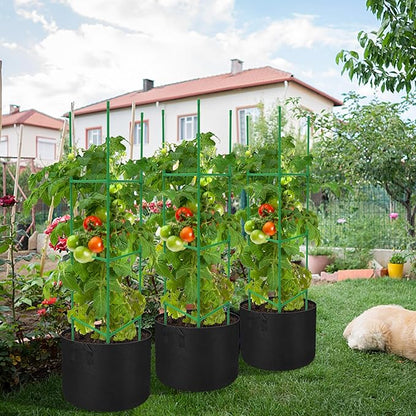 4 Packs 47 x 12 Inch Garden Tomato Cages with Grow Bags- Triangle Plant Support Trellis Assembled with Planter Bags- Garden Cucumber Vegetables Frames for Vertical Climbing Plants