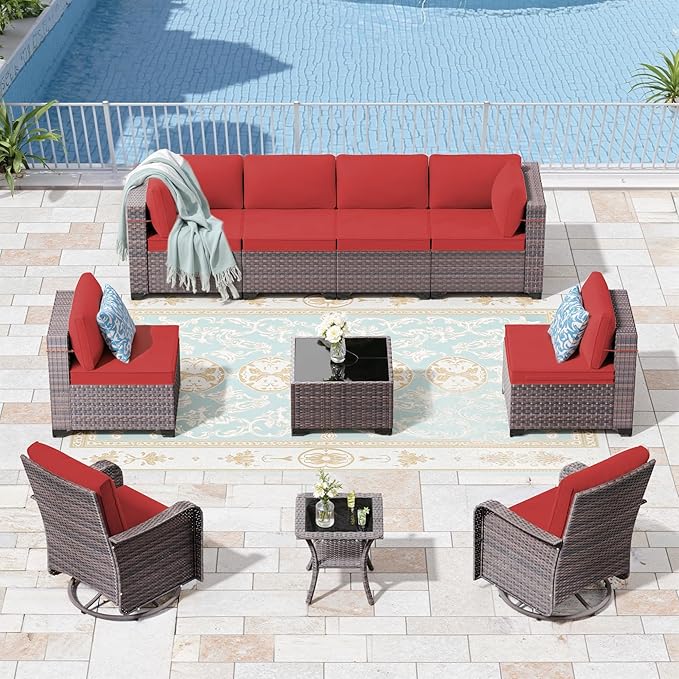 10 Pieces Outdoor Patio Furniture Set with Swivel Rocking Chairs, PE Wicker Rattan Outdoor Sectional Patio Set, Outdoor Patio Conversation Set, Red