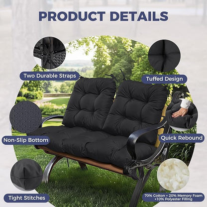 Wicker Chair Cushions of 3 Pieces, Waterproof Cushions for Patio Furniture, Tufted Wicker Outdoor Furniture Cushions, 1 Patio Loveseat Cushion and 2 U-Shaped Cushions, 44"x19"x5", Black