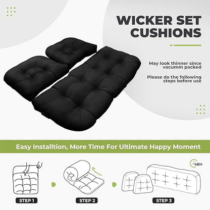 DANGHOOGY Wicker Chair Cushions, Waterproof Outdoor Loveseat Cushions for Patio Furniture, 3 Pieces Wicker Furniture Cushions, 1 Loveseat and 2 U-Shaped Cushions, Black