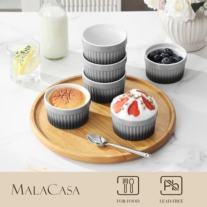 MALACASA Ramekins 6 oz Oven Safe, Small Ceramic Souffle Dishes for Creme Brulee Souffle, Stoneware Custard Cups Ramiken for Baking, Dessert Bowls Dipping Sauce Dish Set of 6, Grey, Series RAMEKIN-DISH