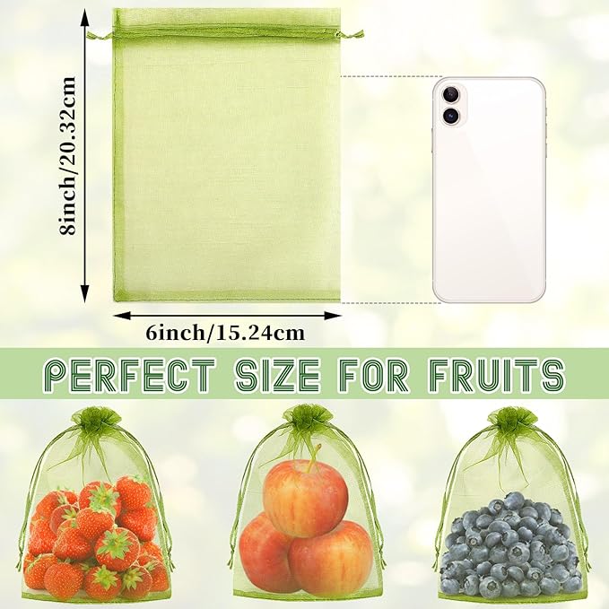 DECYOOL 120 PCS Fruit Protection Bags 6 x 8 inch, Green Fruit Bags for Fruit Trees Fruit Netting Cover Drawstring Mesh Bags Suit for Mangoes Tomatoes Fruit Trees Veggies Garden