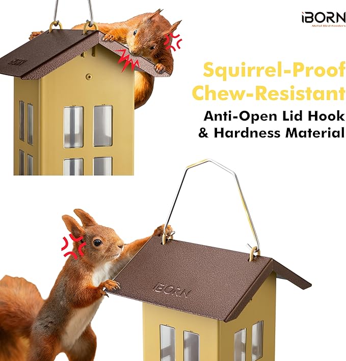 iBorn Bird Feeder House, Metal Bird Feeders for Outdoors Hanging,Double-Sided Metal Hanger & Weatherproof, Easy to Clean & Refill, 2.2 Lbs Capacity, Muted Yellow
