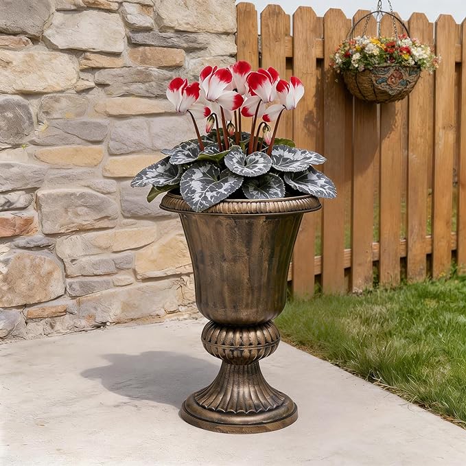 Athena Collection 20''H Garden Plastic Urn Vintage Tall Planter Urn Patio Large Flower Pot Porch Planter Large Planter for Indoor Outdoor Plant, Bronze