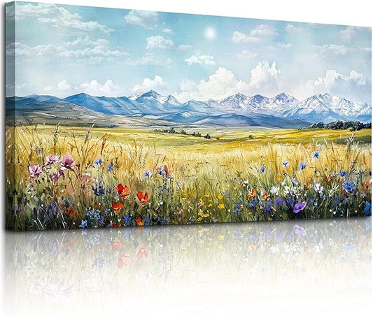 SERIMINO Outdoor Landscape Large Wall Art, Nature Country Scenic Canvas Art Prints, Meadow Wildflowers Big Artwork for Walls, Mountain Cloud Sunlit Pictures for Living Room Dining Room 29"X57"