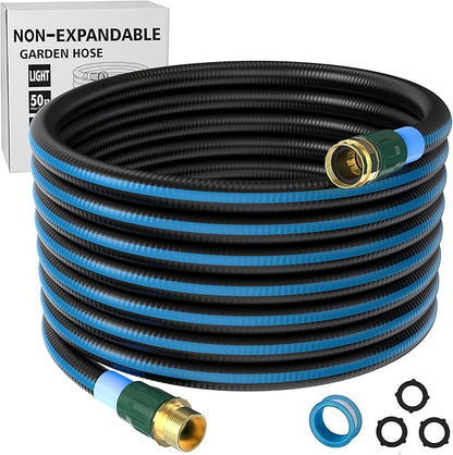 Non-expanding Garden Hose, Leak-Proof Multi-Layer Outdoor Not Knotted Water Hose with Solid Brass Connectors Fittings for Lawn Car Watering Plants Cleaning, Black-Blue (Black-Blue, 50FT)