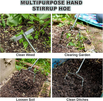 Berry&Bird Mini Hula Weeding Hoe 17.3''Stirrup Hoe Stainless Steel Weed Puller Tool Gardening Action Scuffle Loop Hoes Garden Tools with Wooden Hand Weeder Cultivator Cutting Roots Loosening Soil