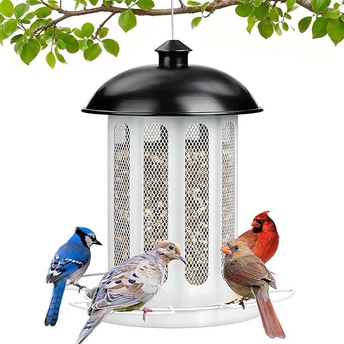 Bird Feeder, Large Capacity Bird Feeders for Outdoor Hanging, Heavy Duty Metal Wild Birdfeeder for Outside Garden Yard Decor, Retro Lantern Shape (Black & White)