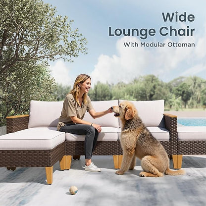 PHI VILLA 8-Piece Outdoor Sectional Patio Conversation Set with 56" Gas Fire Pit Table Table, Outdoor Rattan Furniture Patio Set for 7 Seats with Cushions, Beige