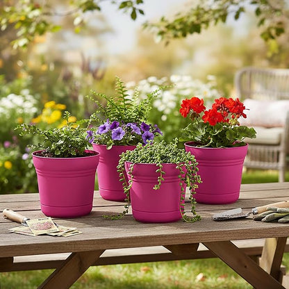 Bloem Saturn 7" Fuchsia Round Resin Planter Pot with Snap-in Saucer for Indoor and Outdoor Gardening, 4-Pack