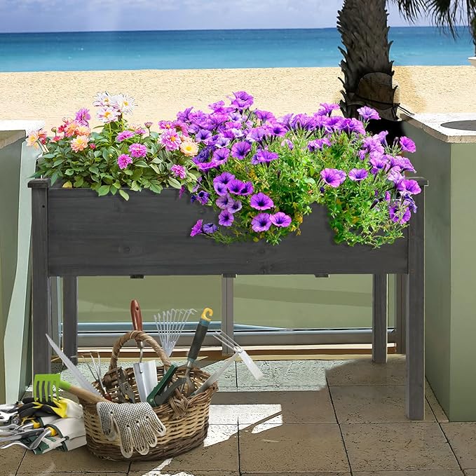 COSTWAY Raised Garden Bed, Elevated Wood Planter Box Stand with Legs for Vegetables, Flowers & Herbs, Standing Growing Bed for Backyard, Patio, Balcony, 48”L x 22”W x 30”H (Gray)