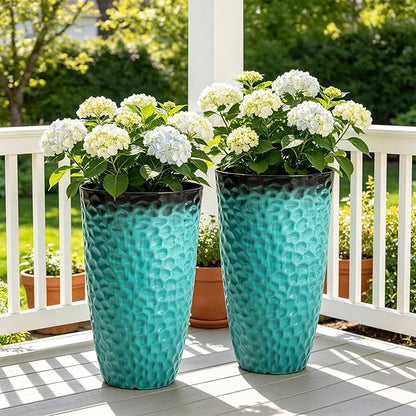 23.75" H Large Tall Outdoor Planters, Set of 2 Plastic Large Flower Pots for Outdoor Plants, with Turquoise Teal Honeycomb Texture, Weather-Resistant for Porch, Garden, Patio or Indoor Use