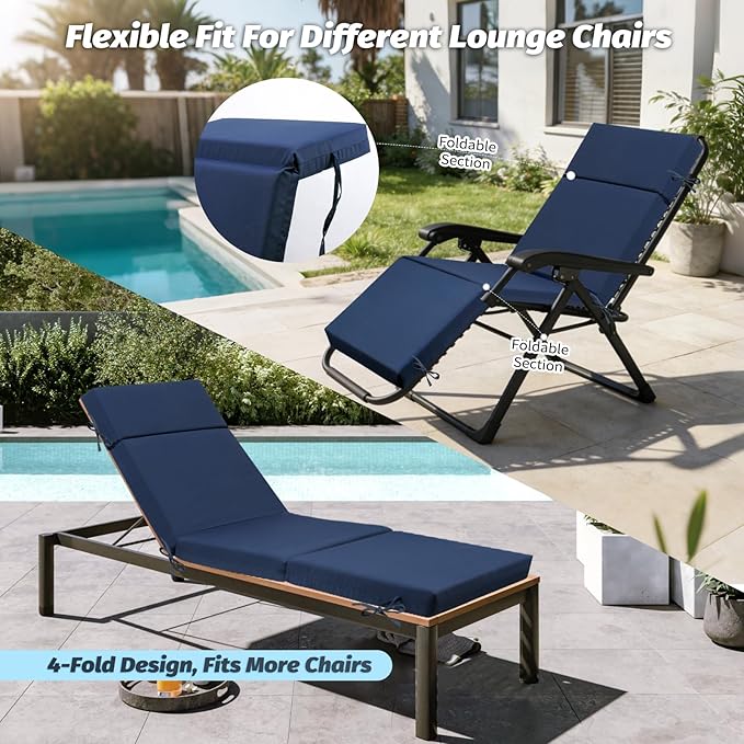 2 Pcs Outdoor Chaise Lounge Cushion 72" x 21" x 3", 4-Section Folding Patio Lounge Chair Cushion with Ties, Waterproof & Fade Resistant Replacement Cushion for Pool, Patio, Deck (Blue, 2 Pcs)