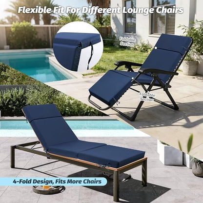 2 Pcs Outdoor Chaise Lounge Cushion 72" x 21" x 3", 4-Section Folding Patio Lounge Chair Cushion with Ties, Waterproof & Fade Resistant Replacement Cushion for Pool, Patio, Deck (Blue, 2 Pcs)
