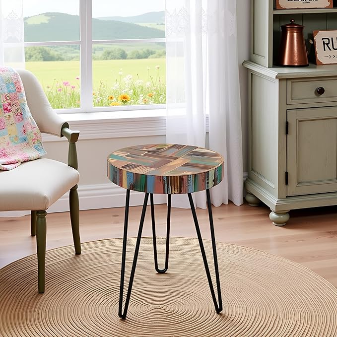 Vintage Round Thick Wood Side Table 15" x 15" x 20" H Accent Reclaimed Wood Multi Color Coffee Tables Solid Rustic Plant Stand Outdoor End Tables Living Room Patio Bedroom