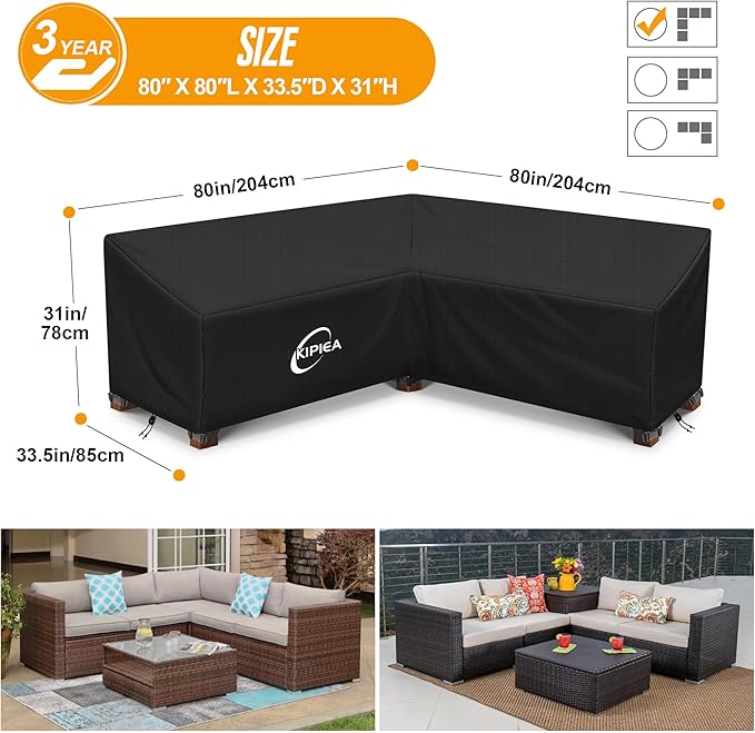 Kipiea V-Shape Outdoor Patio Furniture Covers Waterproof, 500D Heavy-Duty Outdoor Sectional Cover Windproof, Patio Sectional Sofa Cover Anti-UV, No Tears & No Fading (80"/80"L x 33.5"D x 31"H)