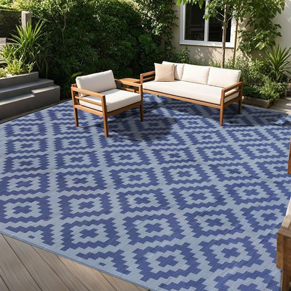 SAND MINE Reversible Mats, Plastic Straw Rug, Modern Area Rug, Large Floor Mat and Rug for Outdoors, RV, Patio, Backyard, Deck, Picnic, Beach, Trailer, Camping, Dark Blue & Grey, 10' x 14'