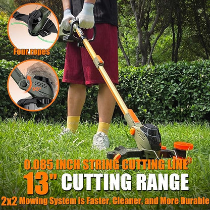 13-Inch String Trimmer Cordless,(2 x 21V 6.0Ah Batteries & Charger), Trimmer/Edger/Lawn Mower/Brush Cutter 4-in-1, Electric Weed Wacker with 2x2 Mowing Grass System, 3 Cutting Methods