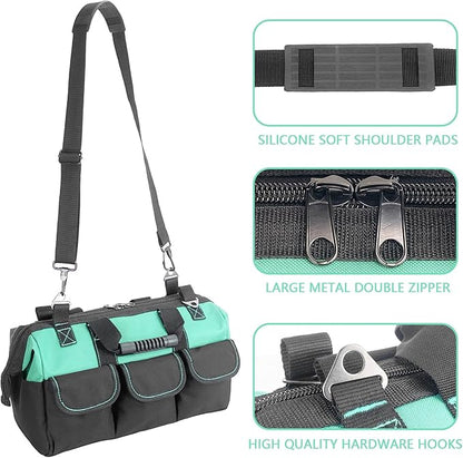 Women Garden Tools Bag 16inch Wide Mouth Tool Bag with Molded Base and Plastic-Padded, Inside Pockets for Tool Storage and Organization,600D polyester fabric (Teal color)